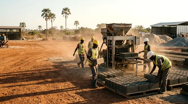 Operários empilham blocos de cimento junto a uma máquina de blocos, em terra vermelha